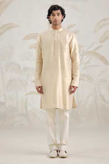 Buy_Shyam Narayan Prasad_Ivory Silk Zari Banarasi Kurta And Pant Set _Online_at_Aza_Fashions