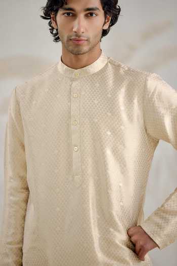 Shop_Shyam Narayan Prasad_Ivory Silk Zari Banarasi Kurta And Pant Set _Online_at_Aza_Fashions