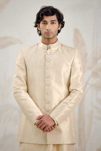 Shyam Narayan Prasad_Ivory Silk Zari Banarasi Kurta Set _Online_at_Aza_Fashions