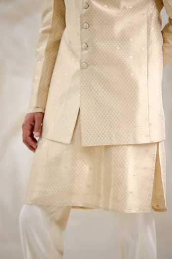 Shop_Shyam Narayan Prasad_Ivory Silk Zari Banarasi Kurta Set _Online_at_Aza_Fashions