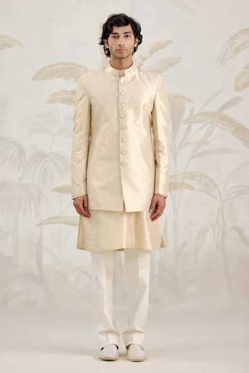 Shyam Narayan Prasad_Ivory Silk Zari Banarasi Kurta Set _at_Aza_Fashions