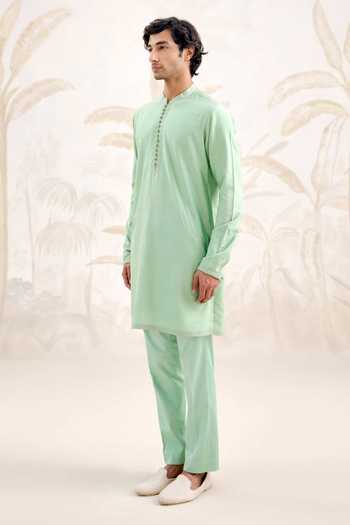 Shyam Narayan Prasad_Green Silk, Cotton Plain Kurta And Pant Set _Online_at_Aza_Fashions