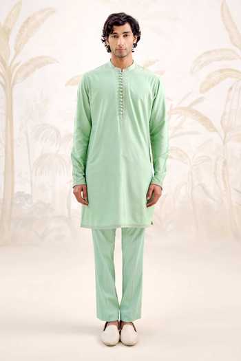 Buy_Shyam Narayan Prasad_Green Silk, Cotton Plain Kurta And Pant Set _Online_at_Aza_Fashions