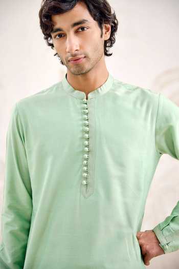 Shop_Shyam Narayan Prasad_Green Silk, Cotton Plain Kurta And Pant Set _Online_at_Aza_Fashions