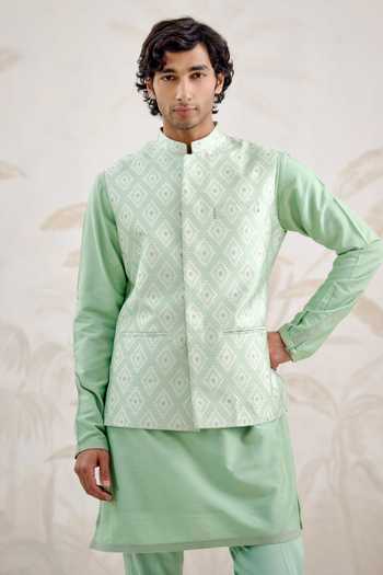 Shyam Narayan Prasad_Green Silk, Cotton Bundi Kurta Set _Online_at_Aza_Fashions
