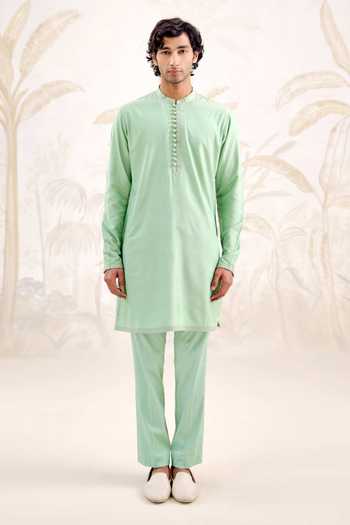 Buy_Shyam Narayan Prasad_Green Silk, Cotton Bundi Kurta Set _Online_at_Aza_Fashions