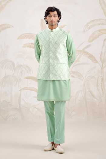 Shop_Shyam Narayan Prasad_Green Silk, Cotton Bundi Kurta Set _Online_at_Aza_Fashions