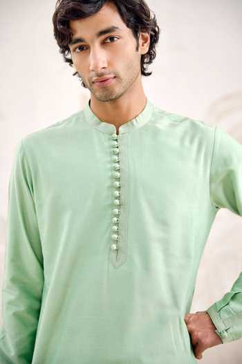 Shyam Narayan Prasad_Green Silk, Cotton Bundi Kurta Set _at_Aza_Fashions