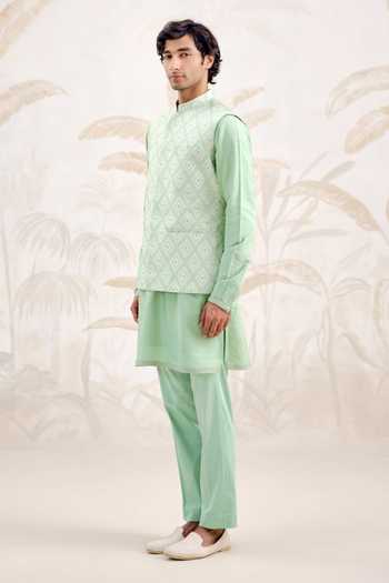 Buy_Shyam Narayan Prasad_Green Silk, Cotton Bundi Kurta Set 