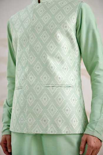 Shop_Shyam Narayan Prasad_Green Silk, Cotton Bundi Kurta Set 