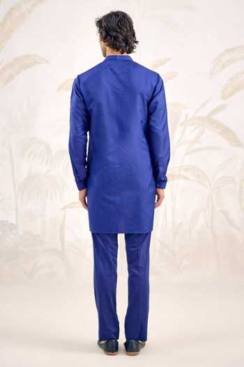Shyam Narayan Prasad_Blue Self Stripe Jaquard Kurta Set _Online_at_Aza_Fashions