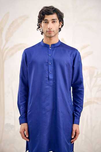 Buy_Shyam Narayan Prasad_Blue Self Stripe Jaquard Kurta Set _Online_at_Aza_Fashions