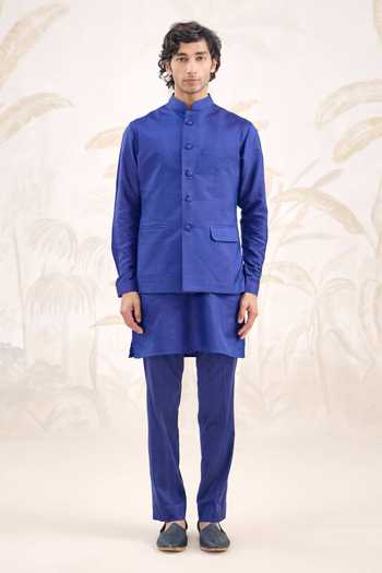 Shop_Shyam Narayan Prasad_Blue Self Stripe Jaquard Kurta Set _Online_at_Aza_Fashions