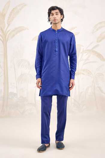 Shyam Narayan Prasad_Blue Self Stripe Jaquard Kurta Set _at_Aza_Fashions