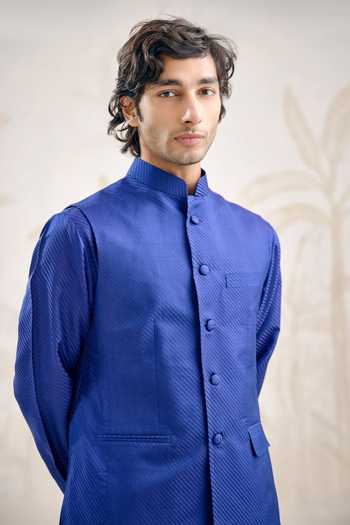 Buy_Shyam Narayan Prasad_Blue Self Stripe Jaquard Kurta Set 