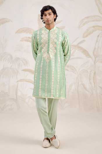 Shyam Narayan Prasad_Green Chanderi Embroidery, Gota Patti Kurta And Pant Set _Online_at_Aza_Fashions