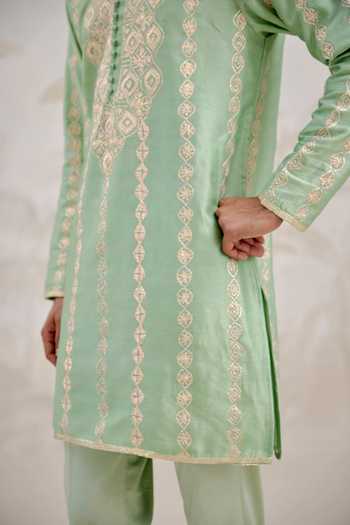 Buy_Shyam Narayan Prasad_Green Chanderi Embroidery, Gota Patti Kurta And Pant Set _Online_at_Aza_Fashions