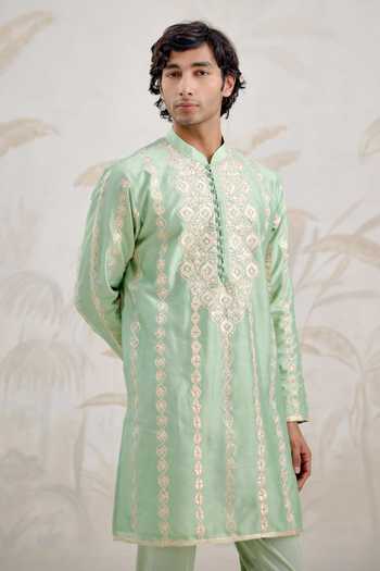 Shyam Narayan Prasad_Green Chanderi Embroidery, Gota Patti Kurta And Pant Set _at_Aza_Fashions