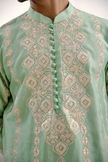 Shop_Shyam Narayan Prasad_Green Chanderi Embroidery, Gota Patti Kurta And Pant Set 