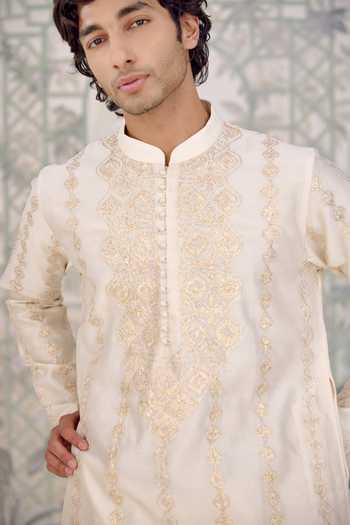 Shyam Narayan Prasad_Gold Chanderi Embroidery, Gota Patti Thread Kurta Set _at_Aza_Fashions