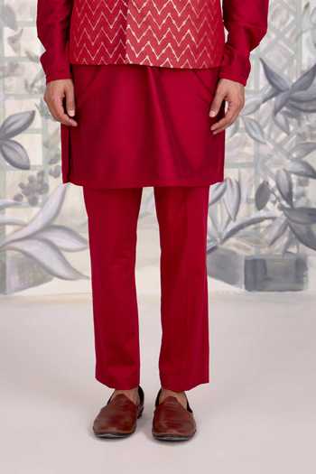 Shyam Narayan Prasad_Maroon Silk, Cotton, Brocade Waistcoat Kurta Set _Online_at_Aza_Fashions