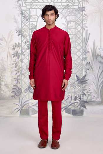 Buy_Shyam Narayan Prasad_Maroon Silk, Cotton, Brocade Waistcoat Kurta Set _Online_at_Aza_Fashions