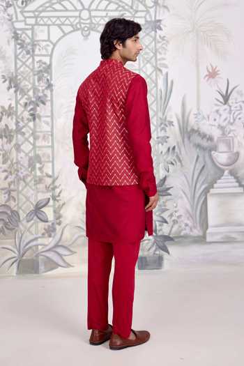 Shop_Shyam Narayan Prasad_Maroon Silk, Cotton, Brocade Waistcoat Kurta Set _Online_at_Aza_Fashions