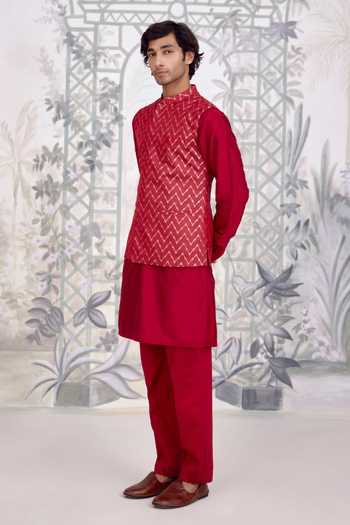 Shyam Narayan Prasad_Maroon Silk, Cotton, Brocade Waistcoat Kurta Set _at_Aza_Fashions