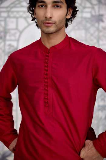Buy_Shyam Narayan Prasad_Maroon Silk, Cotton, Brocade Waistcoat Kurta Set 