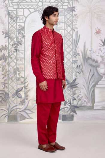 Shop_Shyam Narayan Prasad_Maroon Silk, Cotton, Brocade Waistcoat Kurta Set 