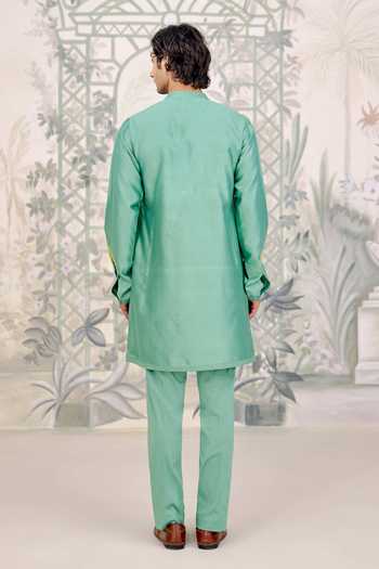 Shyam Narayan Prasad_Mint Silk, Cotton Applique, Embroidery Thread Kurta Set _Online_at_Aza_Fashions