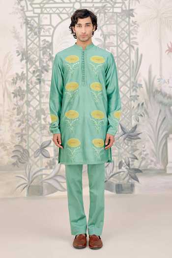 Buy_Shyam Narayan Prasad_Mint Silk, Cotton Applique, Embroidery Thread Kurta Set _Online_at_Aza_Fashions