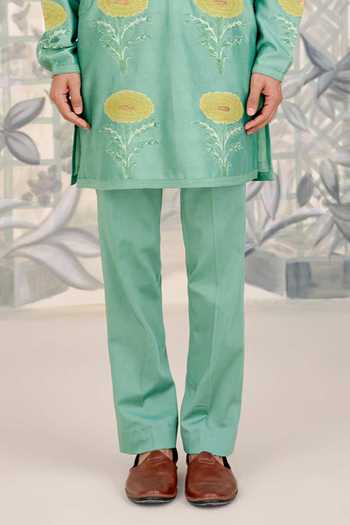 Shop_Shyam Narayan Prasad_Mint Silk, Cotton Applique, Embroidery Thread Kurta Set _Online_at_Aza_Fashions