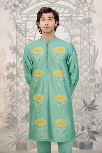Shyam Narayan Prasad_Mint Silk, Cotton Applique, Embroidery Thread Kurta Set _at_Aza_Fashions