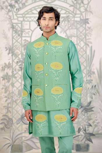 Buy_Shyam Narayan Prasad_Mint Silk, Cotton Applique, Embroidery Thread Kurta Set 