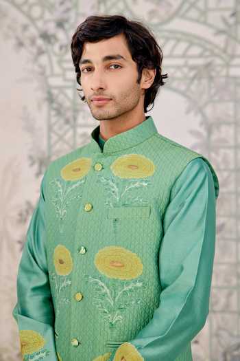 Shop_Shyam Narayan Prasad_Mint Silk, Cotton Applique, Embroidery Thread Kurta Set 