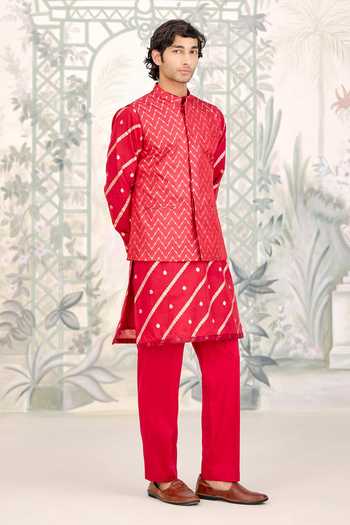 Buy_Shyam Narayan Prasad_Maroon Chanderi, Brocade Zari Kurta Set With Bundi _Online_at_Aza_Fashions
