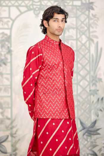 Shop_Shyam Narayan Prasad_Maroon Chanderi, Brocade Zari Kurta Set With Bundi _Online_at_Aza_Fashions