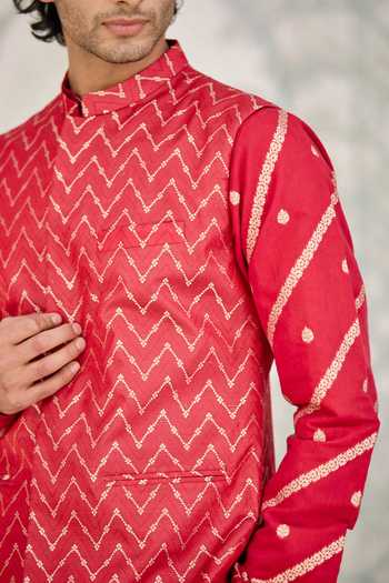 Shyam Narayan Prasad_Maroon Chanderi, Brocade Zari Kurta Set With Bundi _at_Aza_Fashions