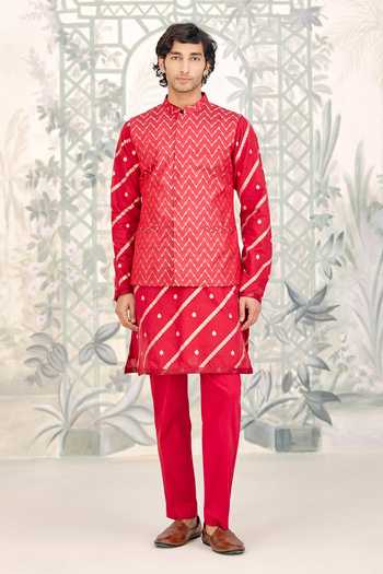 Buy_Shyam Narayan Prasad_Maroon Chanderi, Brocade Zari Kurta Set With Bundi 