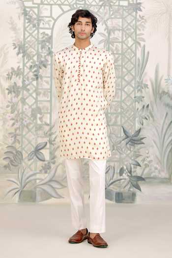 Shop Shyam Narayan Prasad Off White Cotton Satin Printed Kurta And Pant Set Online at Aza Fashions Shop_Shyam Narayan Prasad_Off White Cotton Satin Printed Kurta And Pant Set _Online_at_Aza_Fashions