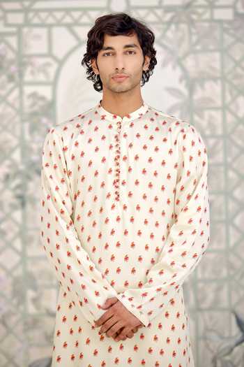Shyam Narayan Prasad Off White Cotton Satin Printed Kurta And Pant Set at Aza Fashions Shyam Narayan Prasad_Off White Cotton Satin Printed Kurta And Pant Set _at_Aza_Fashions