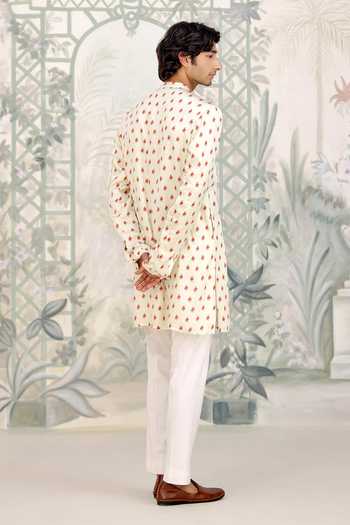 Buy_Shyam Narayan Prasad_Off White Cotton Satin Printed Kurta Set With Bundi _Online_at_Aza_Fashions
