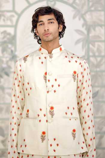 Shyam Narayan Prasad_Off White Cotton Satin Printed Kurta Set With Bundi _at_Aza_Fashions