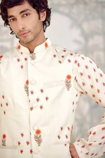 Buy_Shyam Narayan Prasad_Off White Cotton Satin Printed Kurta Set With Bundi 