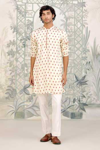 Shop_Shyam Narayan Prasad_Off White Cotton Satin Printed Kurta Set With Bundi 