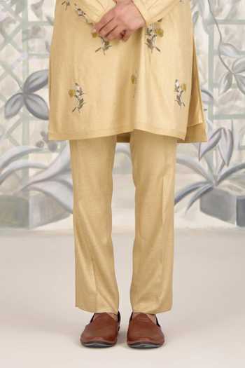 Shyam Narayan Prasad_Yellow Silk, Cotton Applique Print Kurta And Pant Set _Online_at_Aza_Fashions