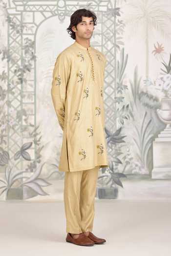 Buy_Shyam Narayan Prasad_Yellow Silk, Cotton Applique Print Kurta And Pant Set _Online_at_Aza_Fashions
