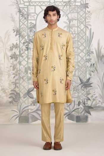 Shop_Shyam Narayan Prasad_Yellow Silk, Cotton Applique Print Kurta And Pant Set _Online_at_Aza_Fashions