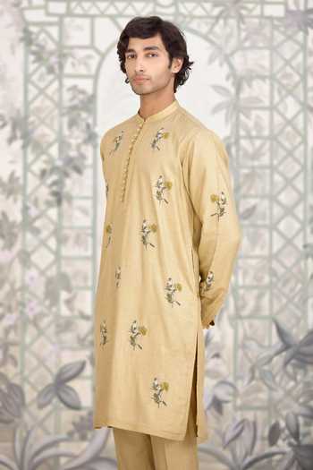 Shyam Narayan Prasad_Yellow Silk, Cotton Applique Print Kurta And Pant Set _at_Aza_Fashions